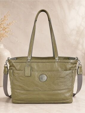 Coach Olive Green Leather Large Tote Shoulder Bag Weekender Travel Diaper Bag